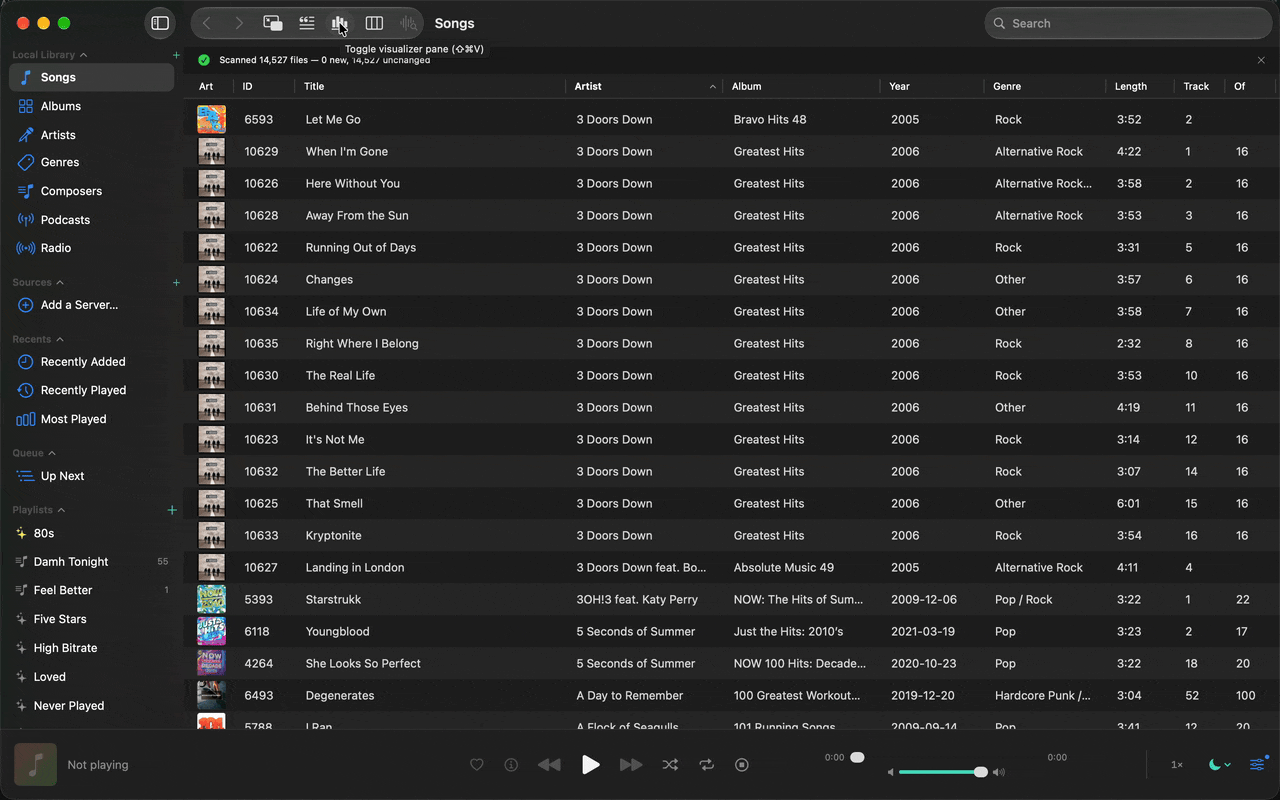 A tour of Bòcan: browsing albums, artists, podcasts and radio, searching for a song, then the lyrics pane, the visualizer, and every Settings pane.